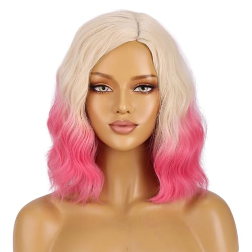 BERON Light Blonde Ombre Pink Wigs Short Curly Wave Wigs for Women Girls Shoulder Length Wavy Heat Resistant Synthetic Wig Cosplay Costume Party or Daily