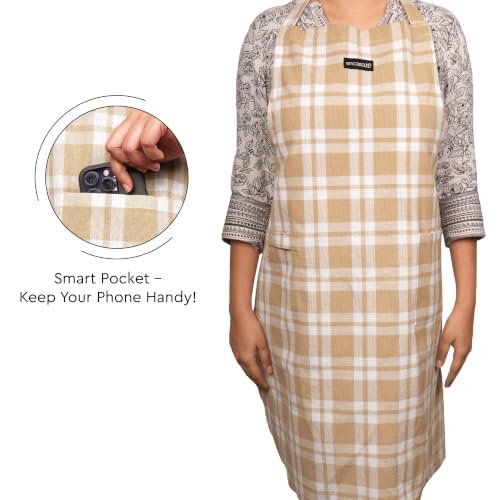 Image of Encasa XO Cotton Cooking kitchen Apron for Women and Men chef apron With adjustable neckstrap, Pocket & Towel Holder for Easy cooking, Baking, BBQ, Gardening- Franca Beige Checks, 68x85 cm
