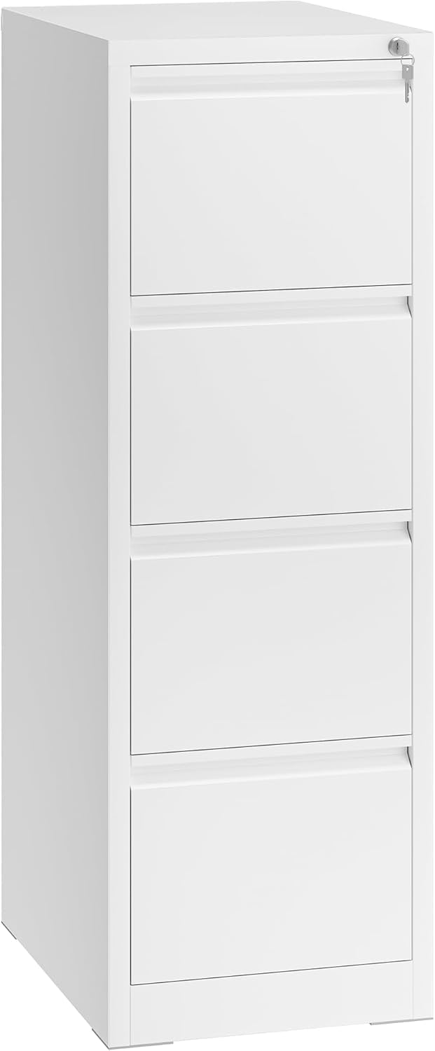 YITAHOME Aktenschrank mit 4 Abschließbaren Schubladen, Kippsicherer Rollender Aktenschrank mit Rädern für das Büro zu Hause, Unter-Pult-Aktenschränke, weiß, 62 x 45.8 x 133cm