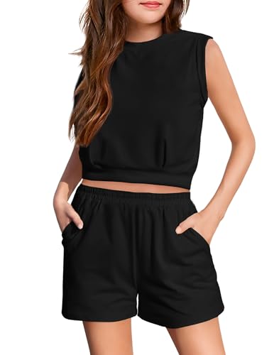 Image of Arshiner Girls 2 Piece Short Sets Sleeveless Tops and Shorts with Pockets | Round Neck Waist Elastic Sport Clothing Outfits Perfect for Spring Summer