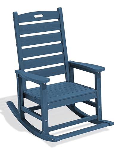 SERWALL Oversized Outdoor Rocking Chair, HDPE Patio Rocking Chair with Footrest for Adults, All Weather Porch Rocker for Deck Patio Balcony, Navy