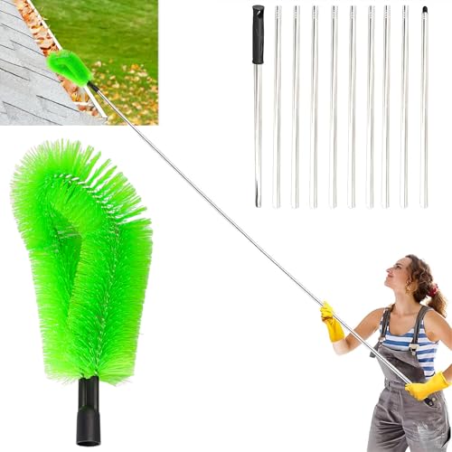 Trywise Telescopic Gutter Cleaning Tools - 12.7Ft Extendable Gutter Cleaner with Hard & Soft Bristle Brush Heads for Leaves, Debris, and Spider Web Removal,Easy-to-Use Roof & Window Cleaning Equipmen