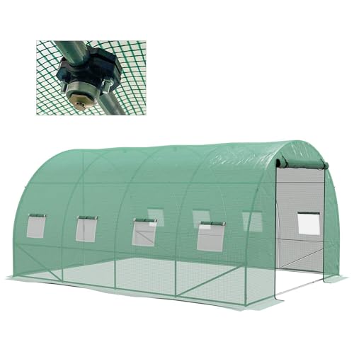 Image of Outsunny 4 x 3(m) Polytunnel Greenhouse with Sprinkler Irrigation System, Walk-in Green House for Garden with Wide Roll-up Door, 8 Mesh Windows, Galvanised Steel Frame, Green