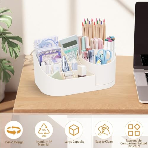 Image of Golden bird 360 Degree Rotating Desk Organizer Makeup Brush Organizers and Pencil Pen Organizers for Desk Desktop Storage Stationery Supplies Cute Pencil Cup Pot for Office School Home (WHITE)