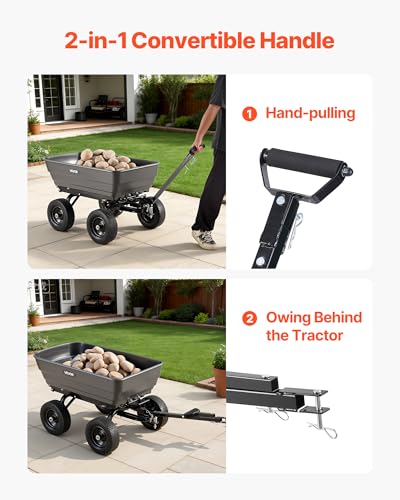 Image of VEVOR 7 Cu.Ft 1200LBS Poly Garden Cart Dump Wagon, Heavy Duty Wheelbarrow with 2-in-1 Convertible Handle and 13 inch Flat Free Tires, Utility ATV Trailer Yard Dump Cart Tow Behind for Lawn Mower Tractor