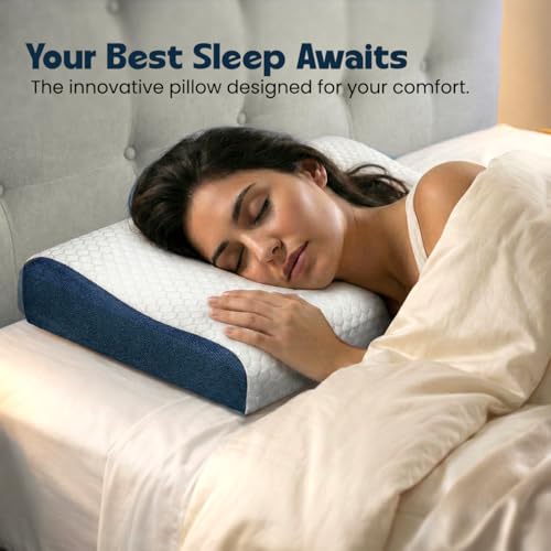 Image of Memory Foam Contour Pillow for Neck & Cervical Pain Relief | Ergonomic Neck Pillow for Back, Side & Stomach Sleepers | Washable Cotton Cover, Breathable Airflow Design - White, 30 x 50 x 10 CM