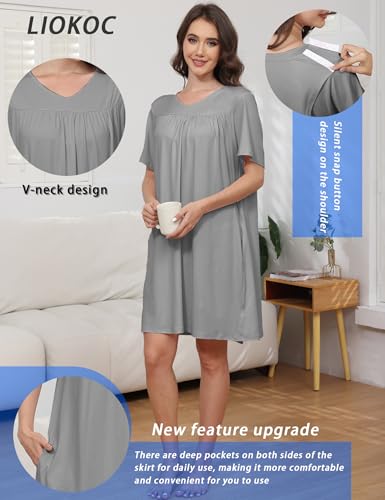 Image of Hospital Gowns for Women Open Back Tear Away Snap Post shoulder Dress Short Sleeve Soft Adaptive Clothing with Pockets