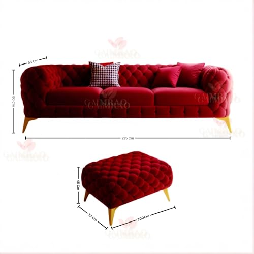 Image of 4 Seater Sofa Set Modern Classic Chesterfield Style Sofa Set with Pillows for Living Room, Bedroom and Office and Hallway Colour (3+1+OTTO Burgundy FC)