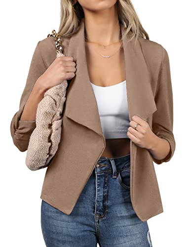 Doublju Women's Casual Work Ruched 3/4 Sleeve Open Front Blazer Jacket With Plus Size Mocha #TOP4
