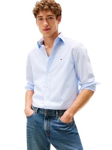Tommy Hilfiger Mens Long Sleeve Poplin Shirts in Regular Fit, Men's Button Down Shirts, Also Available in Big and Tall Sweet Blue/Stripe Medium