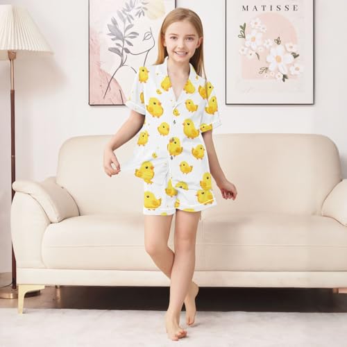 Yellow Cute Chicks Pattern Summer Satin Pajama Set, Cute Button-Down Sleepwear Pj Set for Sleep Wears3