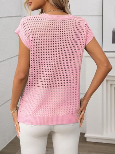 Image of Womens Crochet Cap Sleeve Sweater Summer Crew Neck Casual Hollow Out Knit Tops Pullover Trendy Beach Cover Ups Outfits