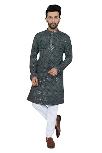 Men's Embroidered Kurta and Straight Pants Set, Multicolor, Viscose Rayon, Knee-Length, Kurta for Men (GREY, SMALL)2