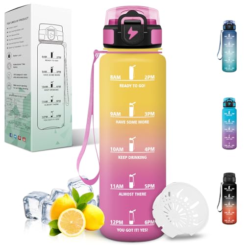 Motswedi Botella Agua 1 litro, a Prueba de Fugas, Botella de Agua Deportiva, Reutilizable, Cantimplora, con Filtro, con Marcador de Tiempo, para Gym, Bicicleta, Yoga el Camping, Amarillo & Rosa