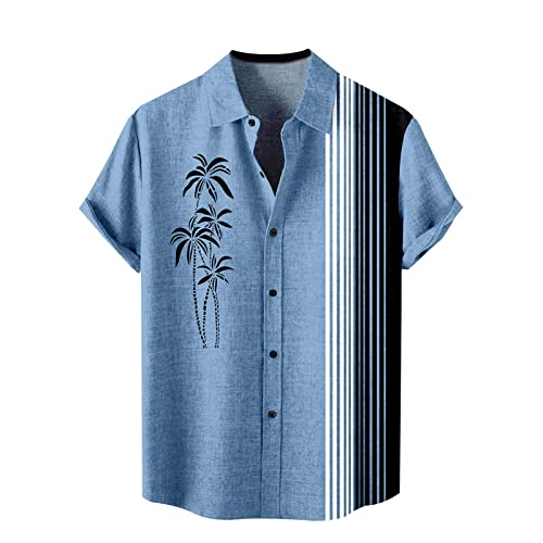 Camisa hawaiana de manga corta, color liso, estampado de cocoteros, estilo tropical, con botones, para hombre, para vacaciones, informal, para exteriores, azul celeste, 4XL