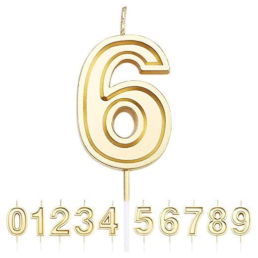 URAQT Velas Cumpleaños Número 6, Velas de Pastel de Cumpleaños, Velas Doradas para Cumpleaños/Aniversario de Bodas/Fiesta de Graduación, Número 0-9 para Elegir