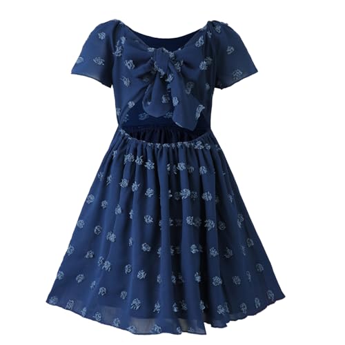 Image of HILEELANG Girls Summer Dress Bow Tie Back A-Line Party Dress for Little Big Girls Short Sleeve Dress with Lining 6-12 Years