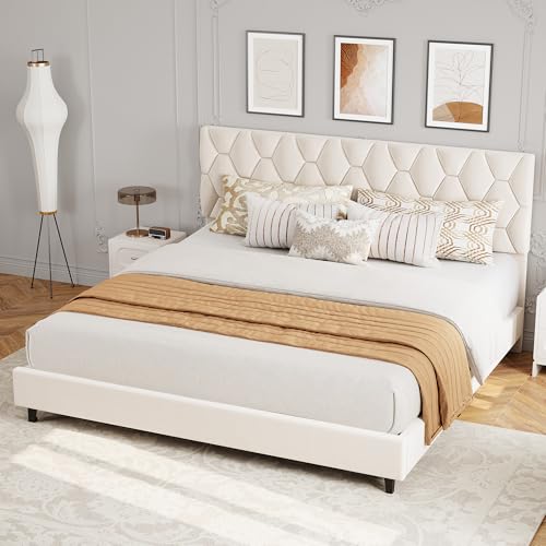 GAOMON King Bed Frame with Upholstered Headboard, Heavy-Duty Platform Bed Frame with Strong Wood Slats, No Box Spring Needed/Noise Free/Easy Assembly,