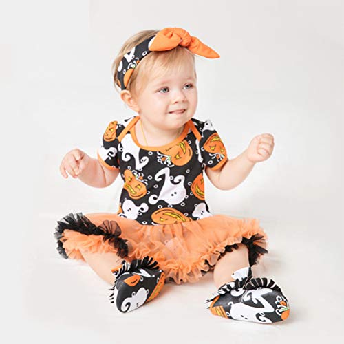 Conjunto de 3 peças em 1 KesYOO de Halloween com estampa de abóbora, vestido de manga curta e sapato