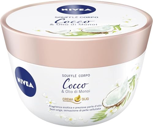 NIVEA Soufflé Corpo Cocco & Olio di Monoi in confezione da 3 x 200 ml, Crema idratante dalla texture leggera, Crema corpo arricchita da un'esotica fragranza al Cocco
