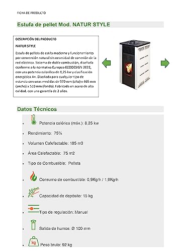 JOIMA - Estufa de Pellets sin electricidad modelo NATUR STYLE 8 kW. Funciona sin Conexion a la red Eléctrica. Color Negro - imagen 6