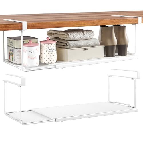 SHINEWON Expandable Under Cabinet Shelf, Extendable Under Shelf Storage with 1.25 Inches Thick Clips for Shoe Rack, Pantry Cabinet, Laundry Room. (White, 2 Pack, Interior: 6" H x 8.26" D)