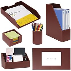 6 Piece Office Supplies/Desk Organizer Set with Desktop Leather Writing Pad,File Paper Tray,Magazine folder Holder, Pen Cup,Sticky Note Holder,Letter Mail Sorter,Workspace Decor for Women Men Brown