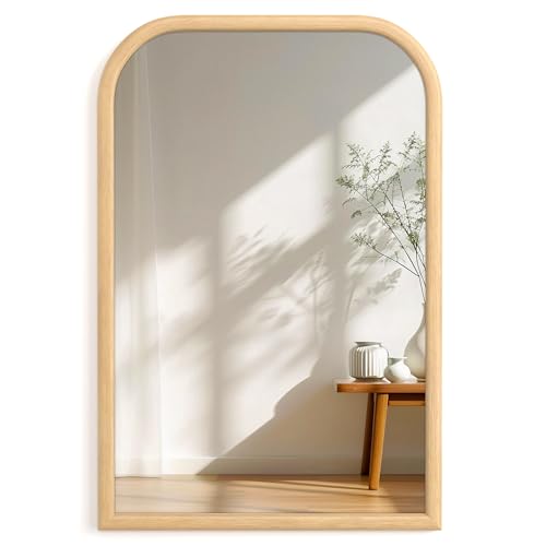 Image of 20 inchx30 inch Arch Wall Mirror for Wall, Wall Mounted Vanity Mirror for Bedroom, Wood Grain Finish Frame Mirror with Tempered Glass, Vintage Decorative for Bathroom, Entryway, Living Room, Natural