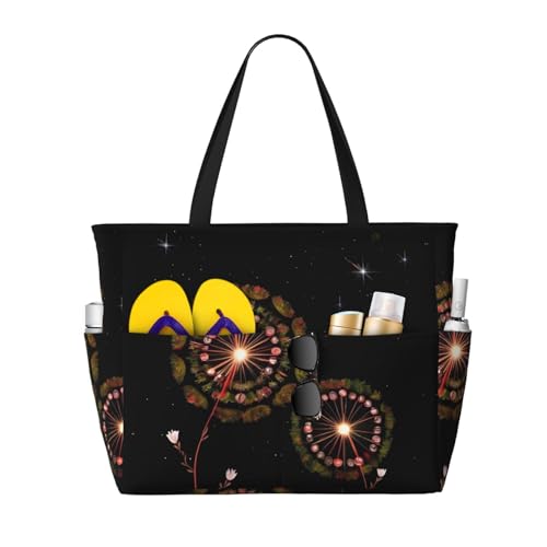 Starry Dandelion Large Capacity Beach Travel Bag, Foldable Beach Bag with Zipper, Great for Grocery Bag Pool Gym Travel Shopping
