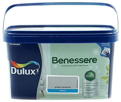 Dulux Benessere Pittura Colorata all'Acqua per Interni Superlavabile Anti Muffa Anti Batteri con Ioni D'Argento, 2.5 Litri, Grigio Cemento, 2.5L