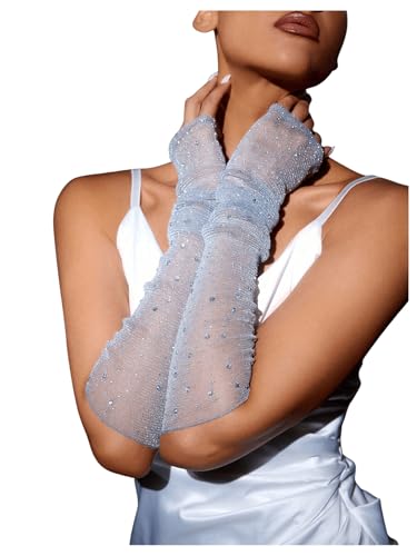 Floerns Womens Rhinestone Sparkly Fingerless Gloves Mesh Sheer Wedding Arm Gloves Grey One-Size
