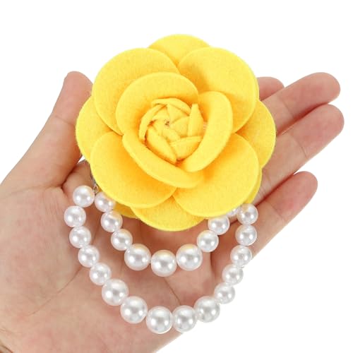 Image of PATIKIL Fabric Camellia Flower Brooches, Elegant Pearl Tassel Brooches Floral Pins Bracelet Dual Use for Women Suit Hat Dress Shirt Tie Corsage, Yellow