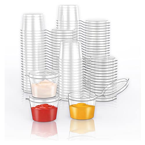 Xinglian 100 Pieces Plastic Souffle Cups, 1 Oz Disposable Clear Leak Proof Sauce Cup With Hinged Lid, Used For Various Sauces, Food Samples, Storage Crafts #TOP28
