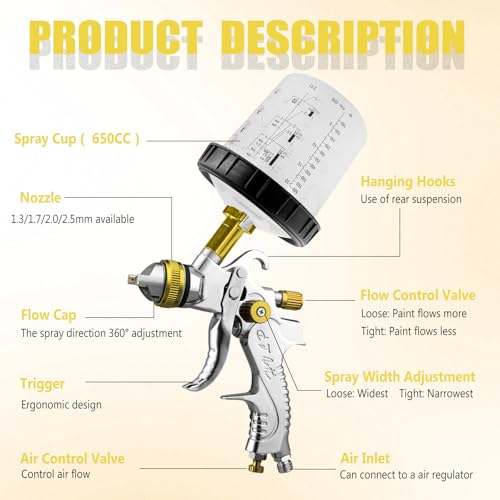 Image of HVLP Spray Gun Kits, 1.4 /1.7 /2.0 /2.5mm Nozzles with 650ml Mixing Cup & 10x Disposable Cups, Air Regulator, Paint Gun Automotive Gravity Feed Kit Cars Paint Gun, Furniture, Fence, DIY (Gold)