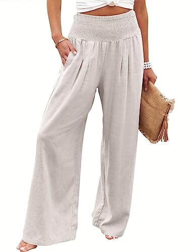 Image of ANRABESS Women Linen Palazzo Pants Summer Boho Wide Leg High Waist Casual Lounge Pant 2026 Beach Travel Vacation Outfits