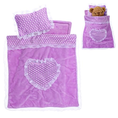 3Pcs Baby Doll Accessories Dolls Bedding Kit Playset Soft Purple Polka Dot Baby Doll Blanket Mattress Pillow Fits 8-12 Inches Dolls for Dollhouse Gifts Bedding Accessories