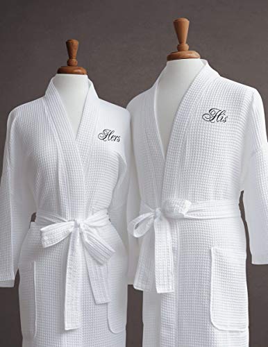 Mr. & Mrs. Couple's Waffle Weave Bathrobe Set - 100% Egyptian Cotton - Unisex/One Size Fits Most - Spa Robe, Luxurious - Perfect Wedding Gift (Black Monogram, His & Hers With Gift Packaging) #TOP10