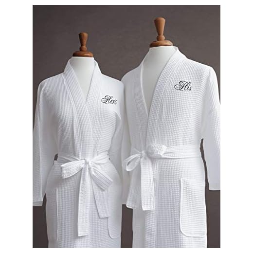 Mr. & Mrs. Couple's Waffle Weave Bathrobe Set - 100% Egyptian Cotton - Unisex/One Size Fits Most - Spa Robe, Luxurious - Perfect Wedding Gift (Black Monogram, His & Hers with Gift Packaging)
