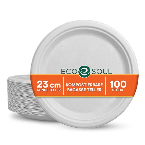 ECO SOUL weiße 23 cm (9 Zoll) runde Bagasse-Papierteller (100 Stück) Einweggeschirr 100% kompostierbar umweltfreundliches Partygeschirr langlebiges Campinggeschirr mikrowellen- und ofenfest