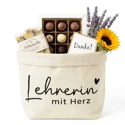 COMOOKA Lehrer Geschenk Abschiedsgeschenk Lehrerin mit Herz Geschenkkorb Brotkorb Stoff Geschenkbeutel Lehrer Geschenke zum Abschied Grundschule Kita Kindergarten Schule Erzieherin