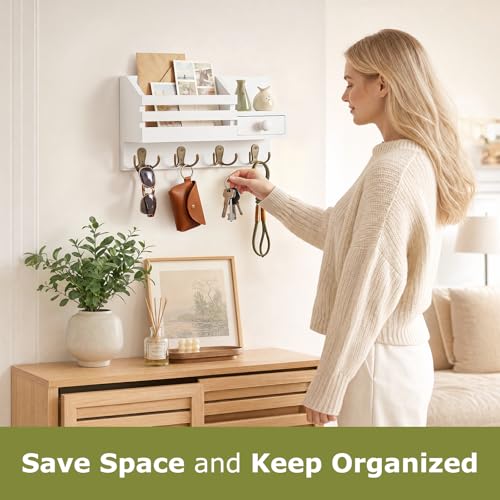 Image of Key Holder Wall Mount, Wooden Adhesive Mail and Key Organizer with Drawer, Small Shelf, 8 Hooks, 2 Installation Methods, White