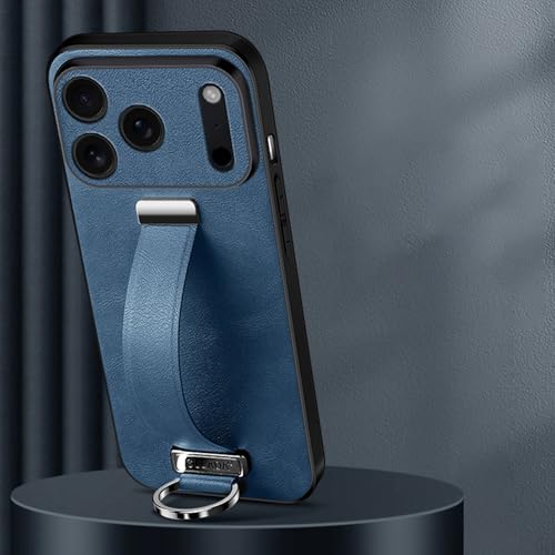 Coque silicone iPhone 17 Pro Max avec support anneau et coque arrière cuir bleu