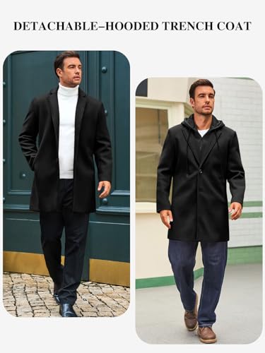Runcati Mens Trench Coat Single Breasted Mid-Long Pea Coat Classic Winter Business Jacket with Detachable Hood4