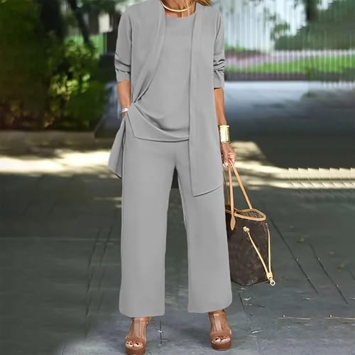 Wedding Guest Pant Suits for Women Dressy Chiffon Long Sleeve Cardigan and Wide Leg Pants 3 Pieces Pantsuits2