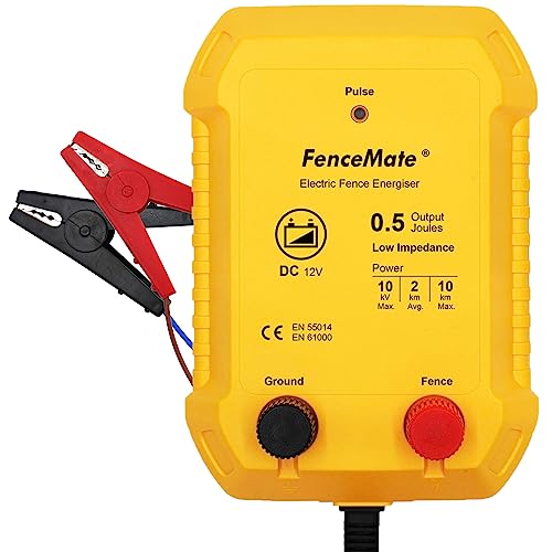 FenceMate 12V Powered Electric Fence Energiser Output 0.5J Peak 10 kV, Low Impedance for Avg. 2 km up to 10 km, Fence Charger to Protect Poultry and Livestock, Fencer for Homestead, Garden, Pond