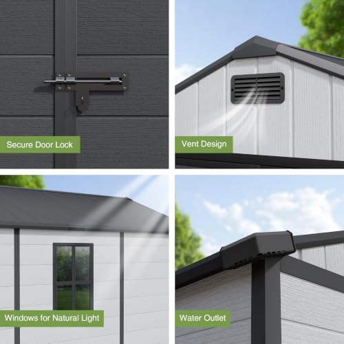 Image of Greesum 8x10FT Resin Outdoor Storage Shed with Floor and Windows, All Weather Plastic Shed with Lockable Door & Vents for Garden, Backyard, Lawn, Light Gray