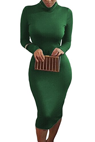 Pink Queen Womens Turtleneck Long Sleeve Knee Length Bodycon Midi Dress M Green
