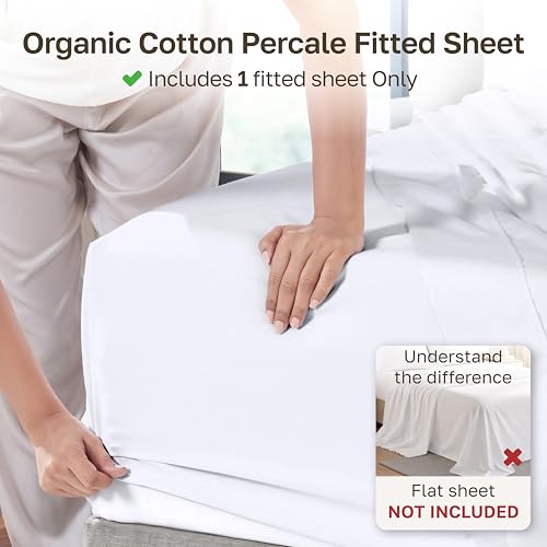 Image of California Design Den 100% Organic Cotton Fitted Sheet Full Size Only - Percale Full Size Fitted Sheet with Deep Pockets, Crisp, Lightweight, Snug-Fit - White