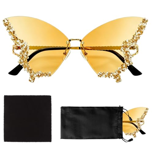 HIVTE Lunettes de Soleil Papillon sans Monture pour Femme avec Strass, Lunettes Vintage Dégradé Jaune pour Festivals et Soirées, avec Étui Souple
