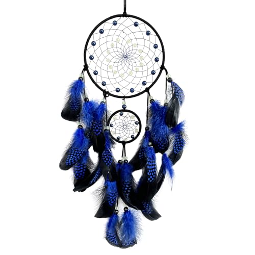 Donko Blue and Black Dream Catcher Wall Decor Feather Dream Catchers with Luminous Bead Handmade Dreamcatcher Wall Hanging Ornament for Bedroom Living Room Home Decor